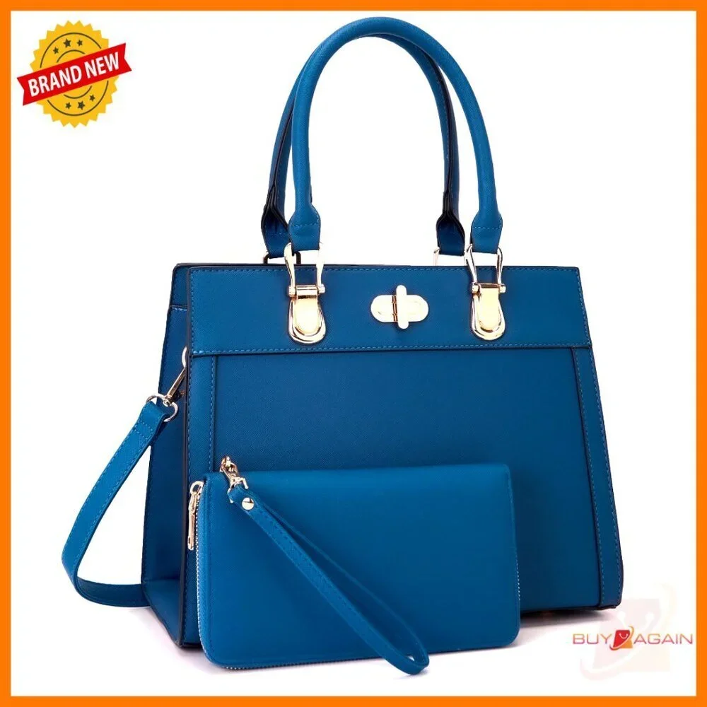 Large Vegan Leather Tote Satchel with Matching Wallet 2pc Set Adjustable Strap